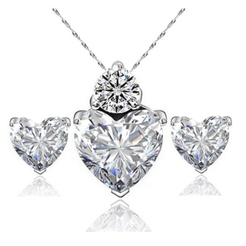 Crystal Heart CZ Pendant Necklace Stud Earrings 3 Piece Set Silver‎ Tone